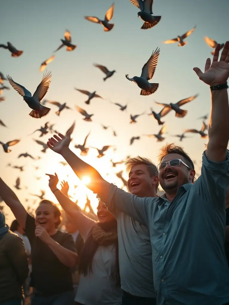 Image of a pigeon race with participants celebrating, highlighting fair competition and successful events organized by the association.