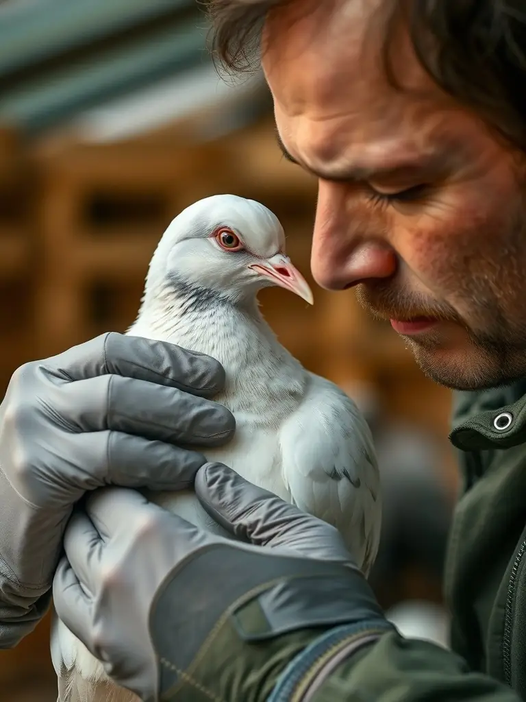 A close-up shot of a breeder carefully examining a pigeon, highlighting the attention to detail and expertise involved in improving breeding standards within GROUPEMENT COLOMBOPHILE DE LA CHARENTE 1.