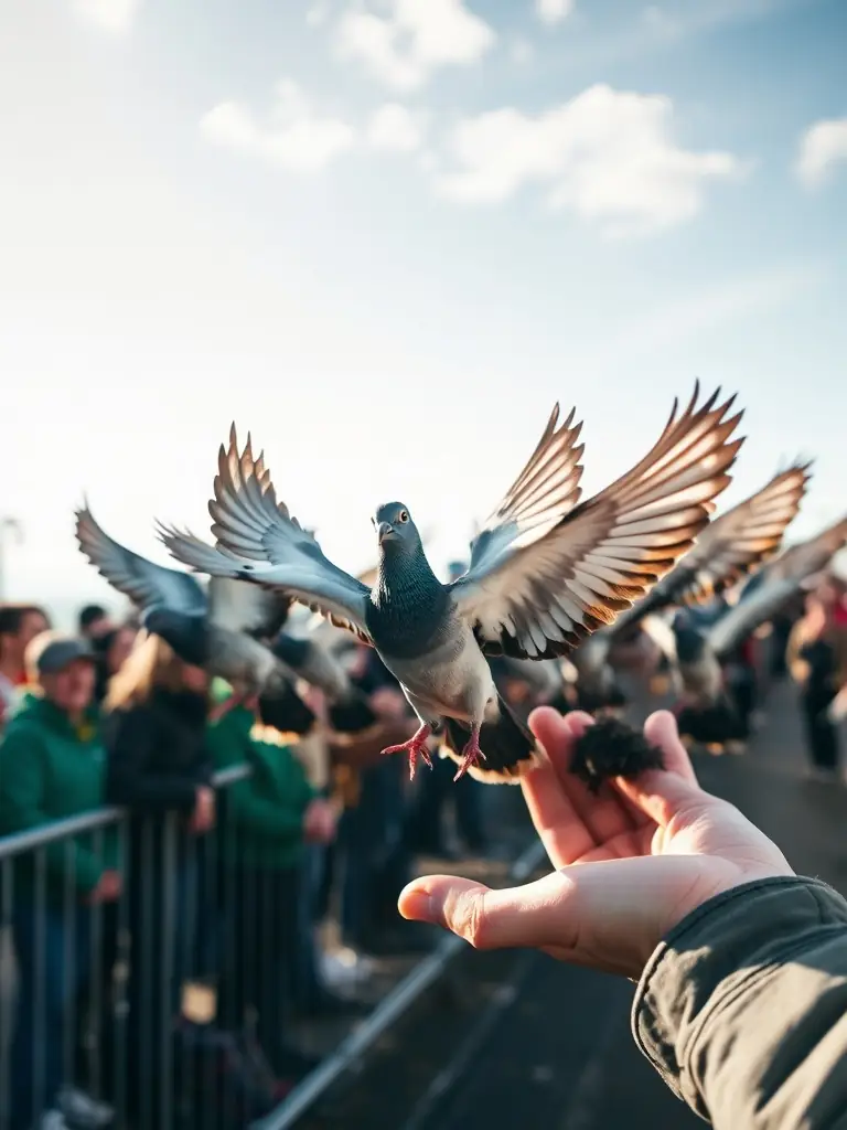 A photograph capturing a group of pigeons being released simultaneously at the start of a race, symbolizing the excitement and competitive spirit of pigeon racing.