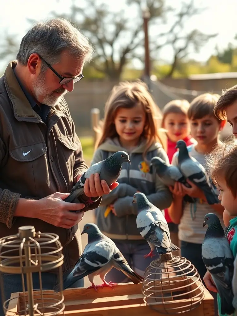 A heartwarming image of young members of the GROUPEMENT COLOMBOPHILE DE LA CHARENTE 1 learning about pigeon care and training from experienced mentors.
