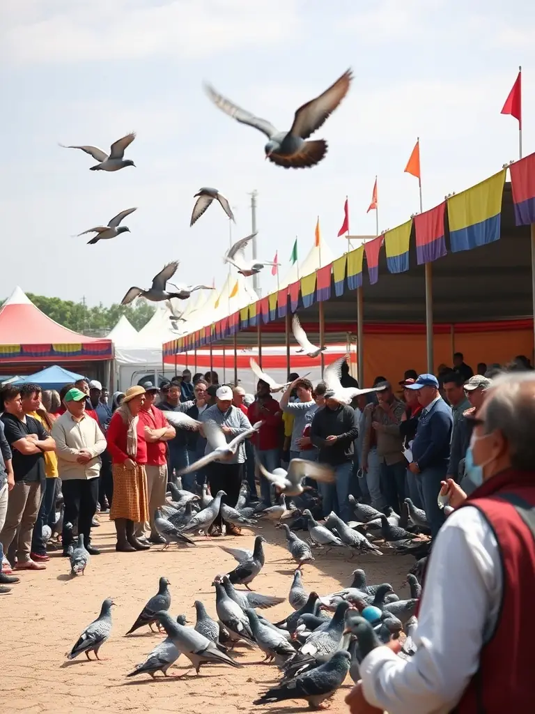 A vibrant scene of a local pigeon racing event, showcasing the community spirit and camaraderie among participants and spectators.