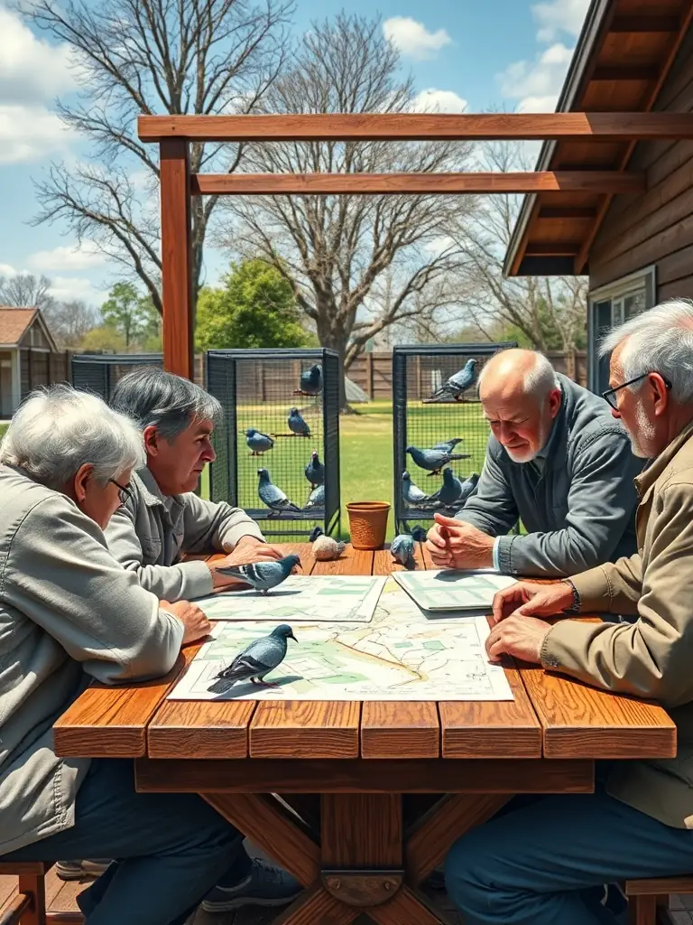 A group of pigeon racing enthusiasts gathered around a table, sharing insights and strategies, emphasizing the importance of knowledge exchange.