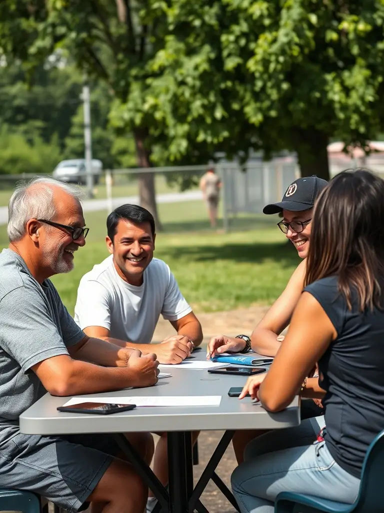 A photograph of a group of members discussing race strategies and fair competition guidelines before a race, emphasizing collaboration and sportsmanship.