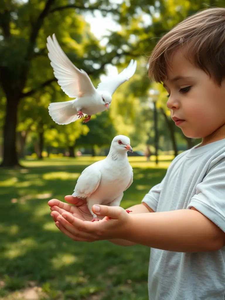 A heartwarming image of a child gently releasing a racing pigeon, symbolizing the connection between youth and animal welfare in the sport.