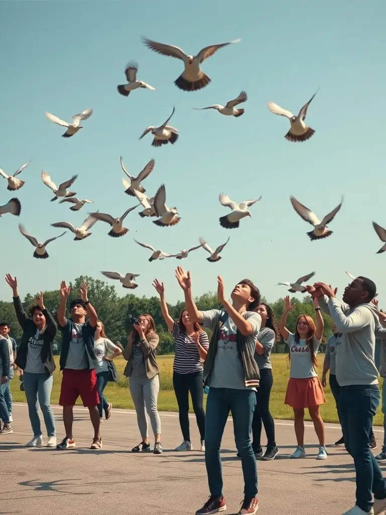 Image depicting a group of young people participating in a pigeon release event organized by GROUPEMENT COLOMBOPHILE DE LA CHARENTE 1, showcasing youth education and engagement.