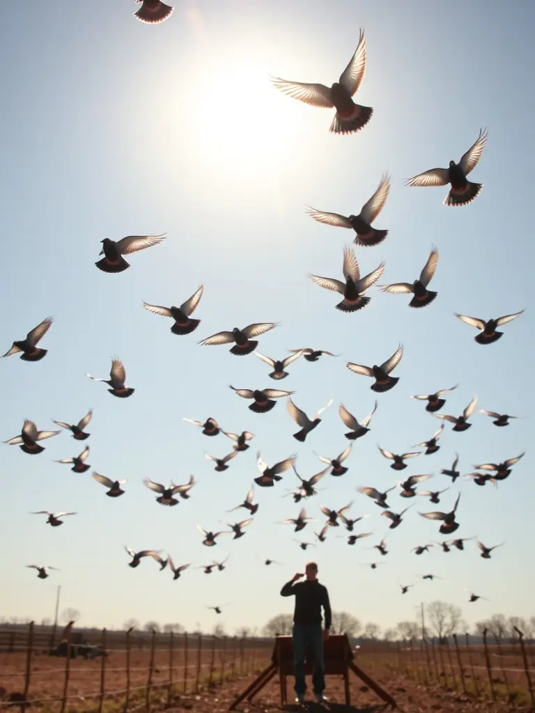 A high-resolution photograph depicting pigeons being released from a starting point during a training session, with clear skies and a sense of anticipation.