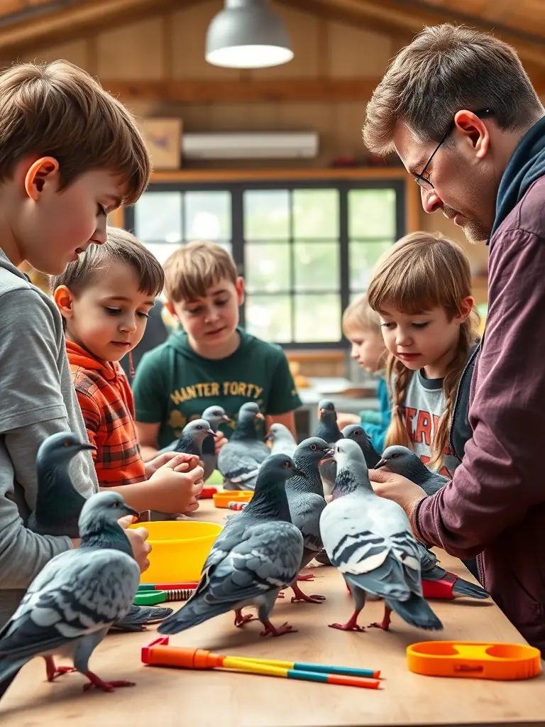 A vibrant image of young members participating in a pigeon handling workshop, learning about pigeon care and racing techniques from experienced mentors.