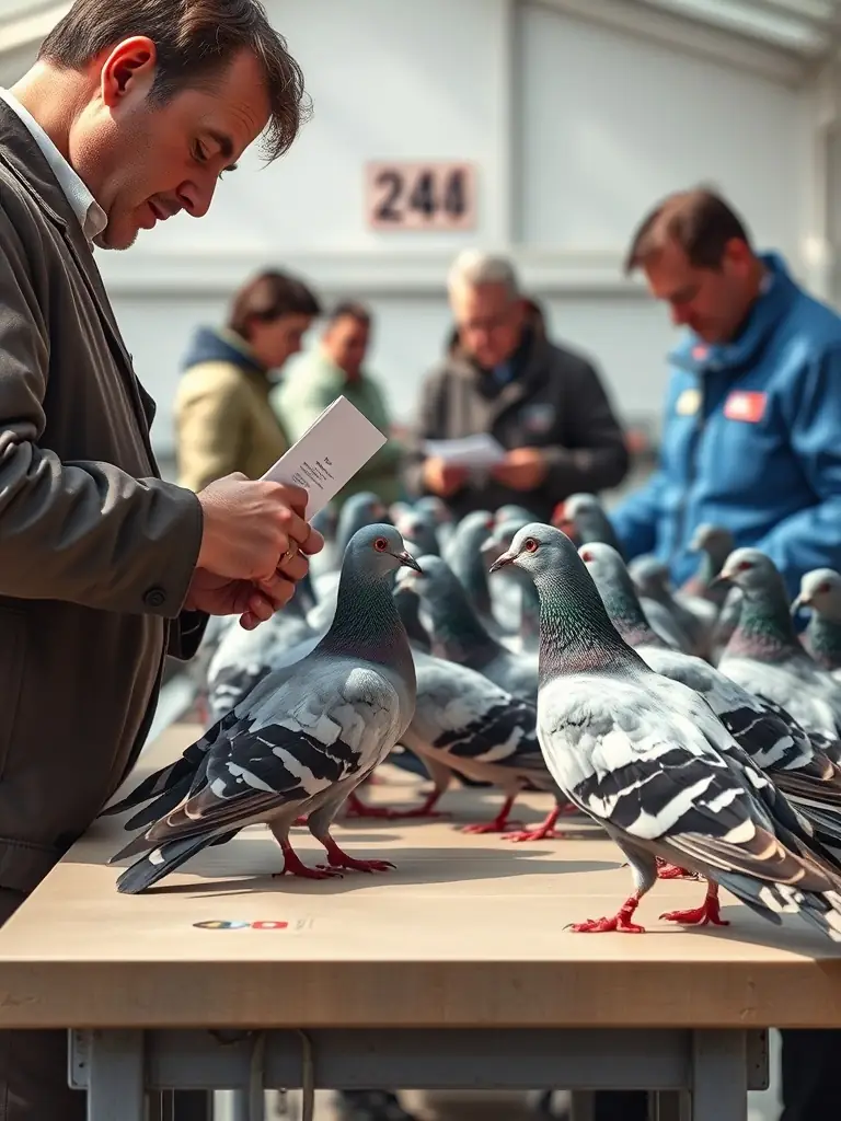 A detailed image showcasing the compliance measures taken during a pigeon race, including the verification of pigeon bands and adherence to racing rules.