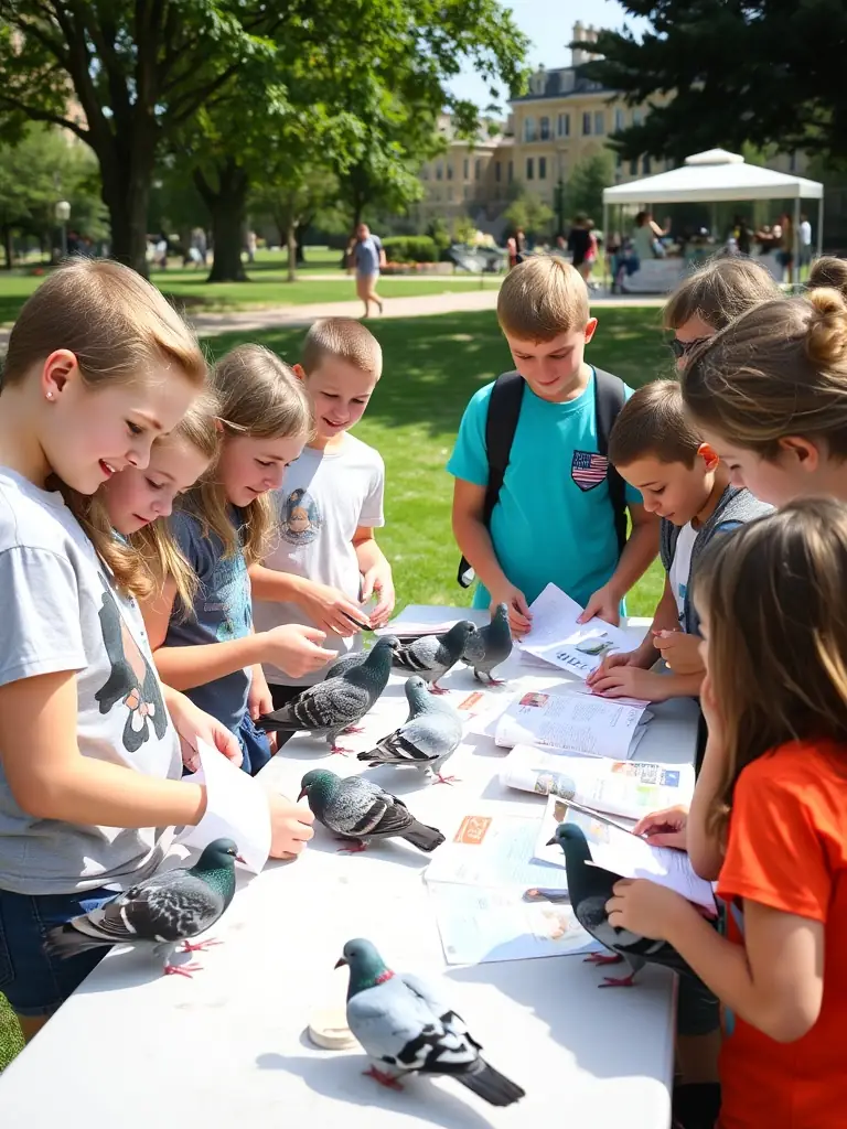 A group of young students participating in a pigeon-related educational activity, such as learning about pigeon breeds or racing history, organized by GROUPEMENT COLOMBOPHILE DE LA CHARENTE 1.