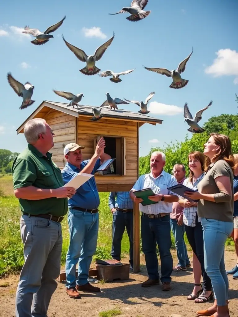 A high-quality photo of pigeons being released for a training flight, showcasing the initial stage of the training program for young birds.