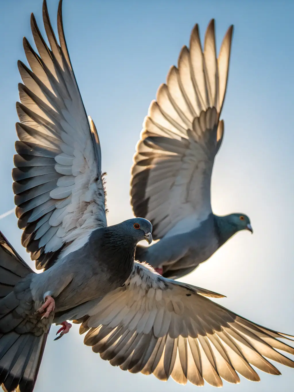 A detailed close-up shot of a pigeon's wing, highlighting its intricate feather structure and the physical attributes that make it an exceptional racer.