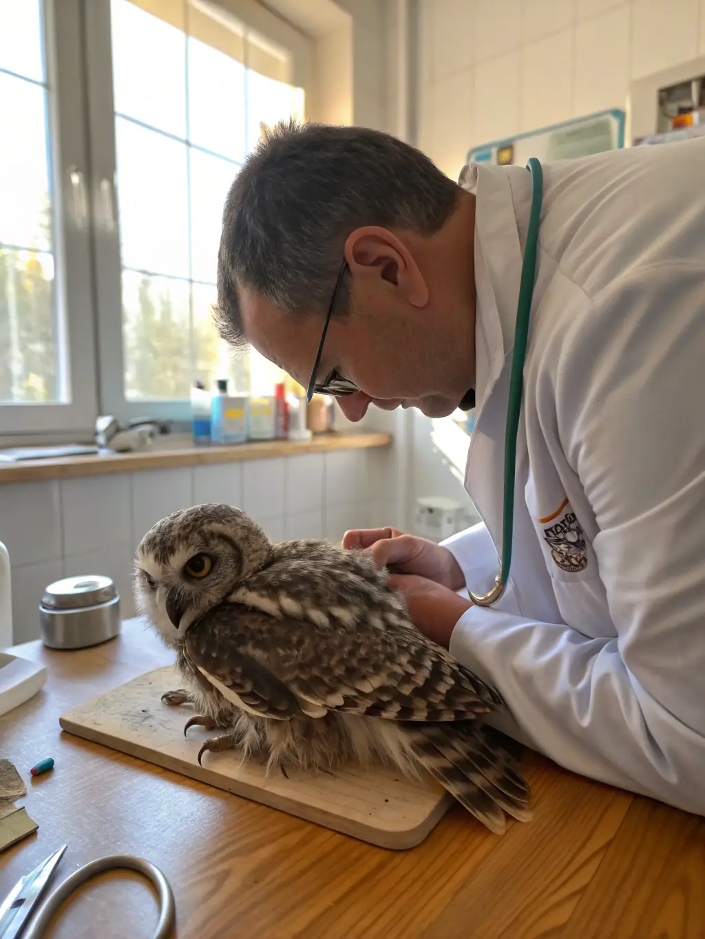 Image of a veterinarian examining a racing pigeon, emphasizing the organization's commitment to animal welfare and health.